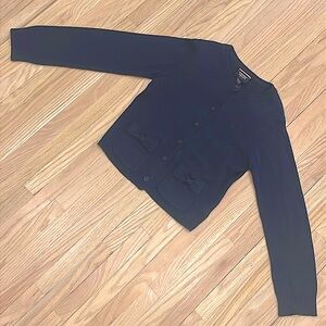 French toast 6T navy blue knit cardigan with charming bow design on pockets.